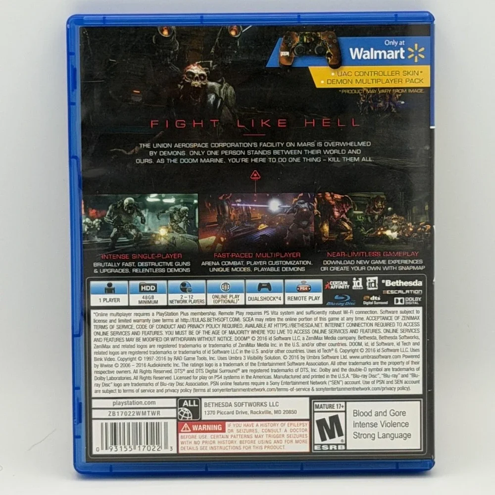 Doom Sony PlayStation 4 PS4 Walmart Exclusive Complete 2016 Shooter M Video Game